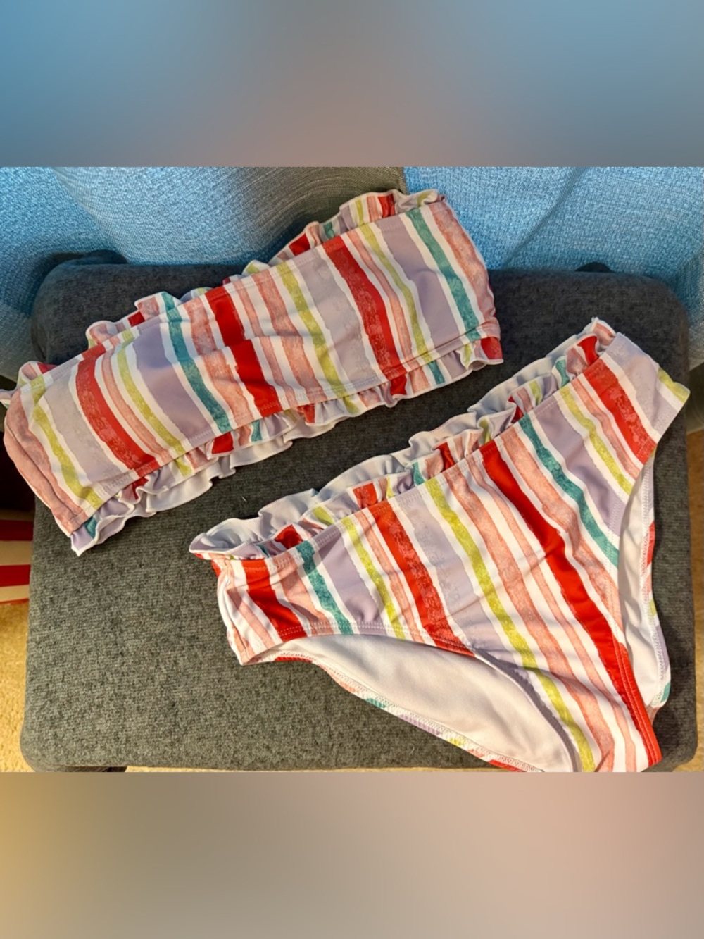 SHEIN Multicolor Striped Ruffle Bikini Set - Red, Pink, Green, Blue